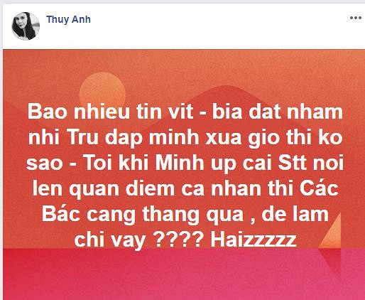 Sau dòng trạng thái nhắc lại scandal 7 năm trước với Ngô Kiến Huy, Thụy Anh lập tức bị cộng đồng mạng chỉ trích khi dùng 