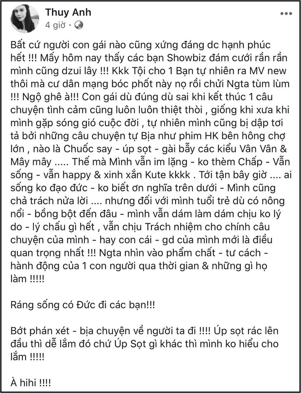 Cộng đồng mạng không khỏi thắc mắc khi Thụy Anh bất ngờ nhắc lại chuyện cũ bởi trong suốt 7 năm qua cô không hề nhắc đến vấn đề này.