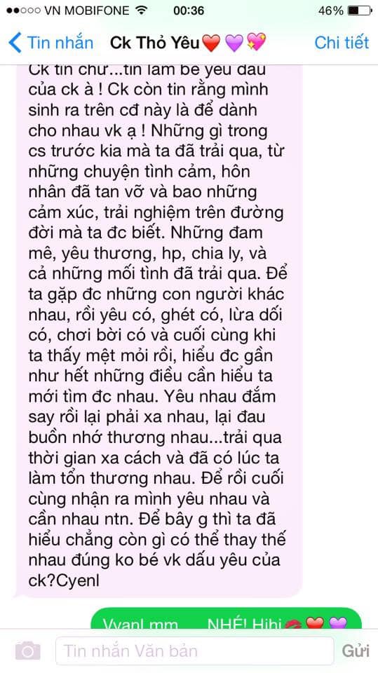 Diễn viên Đào Hoàng Yến khoe tin nhắn chồng gửi.    