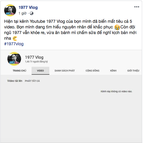Thông báo của 1977 Vlog trên Facebook.