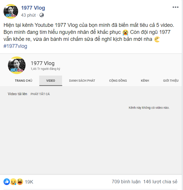 Thông báo chính thức của 1977 Vlog về việc video biến mất trên YouTube. Hiện tại, các thành viên nhóm cũng đang tìm hiểu nguyên nhân.
