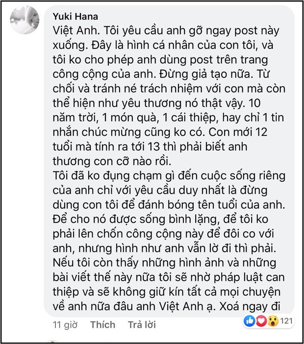 Vợ cũ nam diễn viên để lại bình luận tố anh giả tạo, trốn tránh trách nhiệm làm cha suốt 10 năm qua.  
