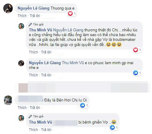 Thu Minh tiết lộ chồng bị bệnh ghiền vợ.    