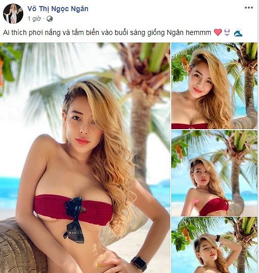 Giữa thời điểm lộ clip nóng, Ngân 98 vẫn thoải mái đăng tải hình ảnh diện bikini nóng bỏng.  