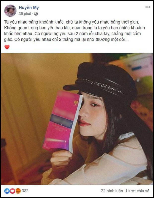 Huyền My đăng tải dòng trạng thái chú ý trên mạng xã hội.