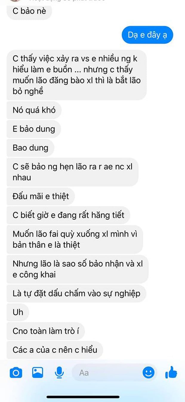 T.X đã chụp lại màn hình cuộc nói chuyện giữa mình và người quen Hồ Quang Hiếu. Đoạn hội thoại được đăng tải cho hay phía nam ca sĩ hứa sẽ dẫn anh đến để xin lỗi cô nhưng để đăng bài thẳng thắn trên mạng xã hội thì quá khó bởi động thái này sẽ ảnh hưởng đến trực tiếp sự nghiệp của Hồ Quang Hiếu.