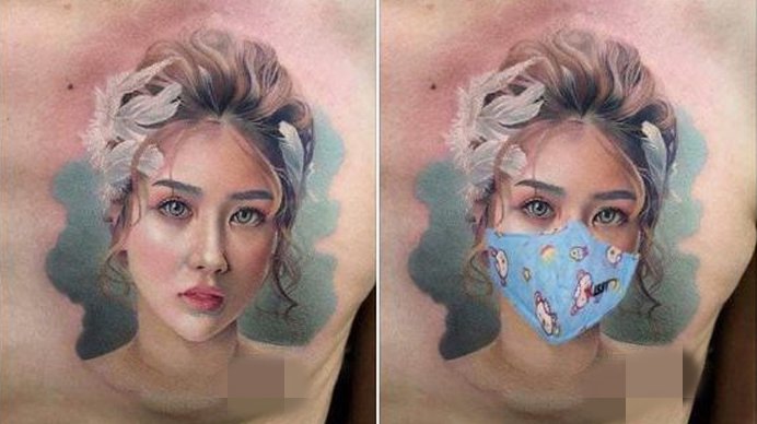 Từ một cô gái xinh đẹp nhưng anh chàng đã nhờ thợ xăm thêm một chiếc khẩu trang để che đi mặt người yêu cũ.