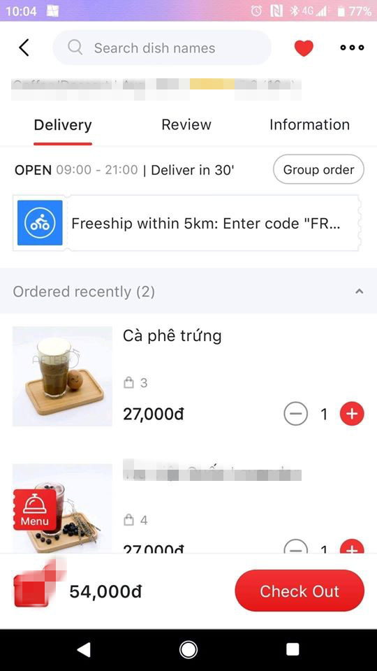 Hình ảnh minh họa của ly cà phê trứng được cửa hàng đăng trên app.