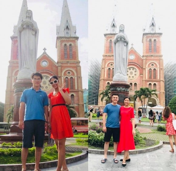 Lần hiếm hoi Ngọc Hân đăng tải hình ảnh có sự xuất hiện của bạn trai là vào dịp trào lưu '10 năm' đang gây sốt cộng đồng mạng. Nàng hậu hài hước viết: 