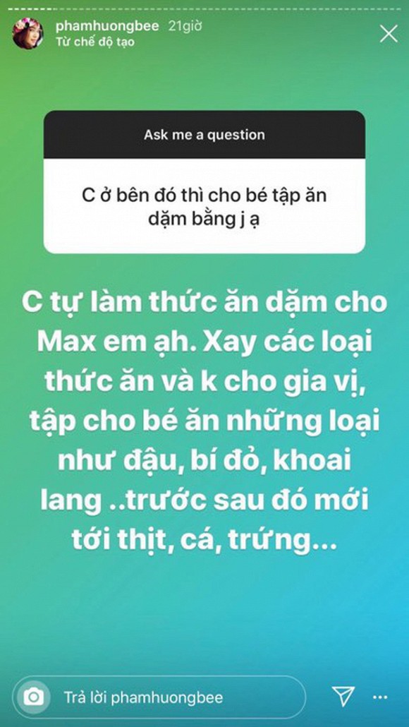 Phạm Hương thường xuyên khoe bí quyết chăm con của mình lên trang cá nhân.  