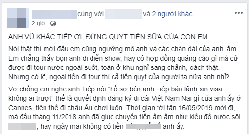 Bài viết tố cáo Vũ Khắc Tiệp quỵt tiền được chia sẻ rầm rộ trên facebook.  