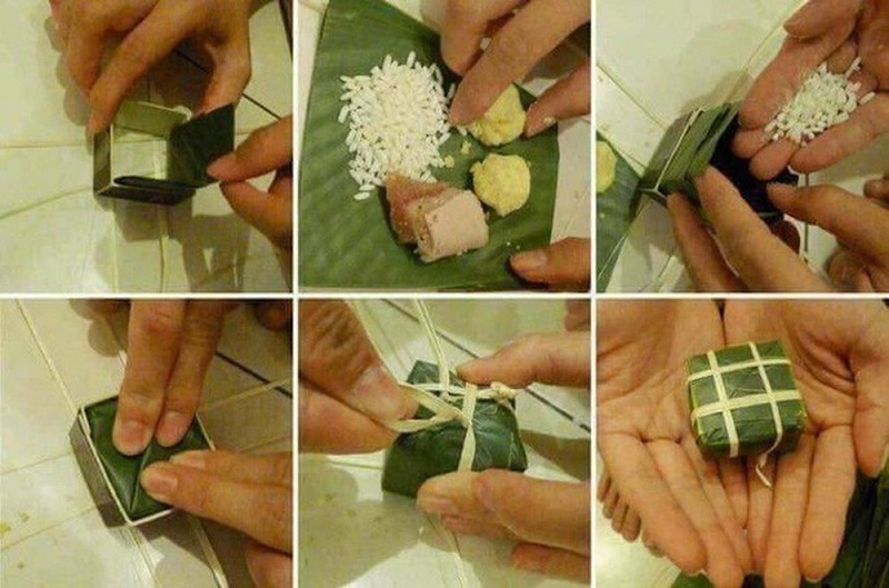 Bánh chưng mini được gói y như bánh bình thường.