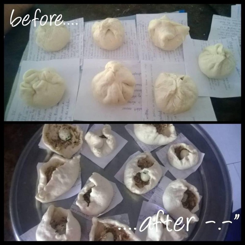 Bánh bao của cô gái trước và sau khi hấp chín.