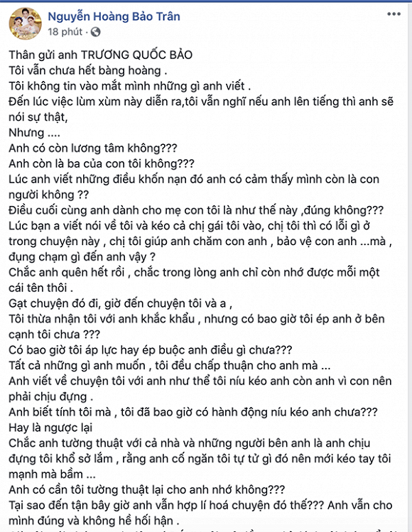 Bảo Trân viết tâm thư đầy uất ức, bức xúc gửi đích danh Quốc Bảo.