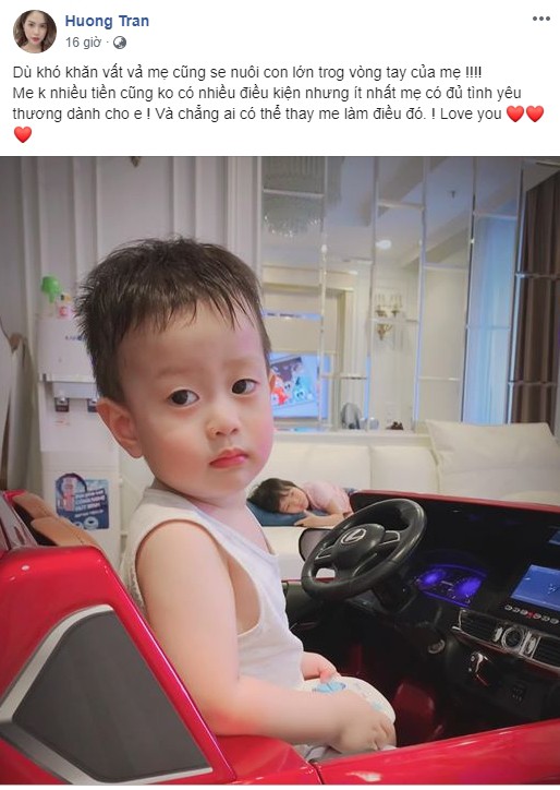 Hương Trần trên trang cá nhân đã chia sẻ tâm sự về việc quyết tâm giữ con trai ở bên cạnh, để nuôi dưỡng đến khi khôn lớn trưởng thành.