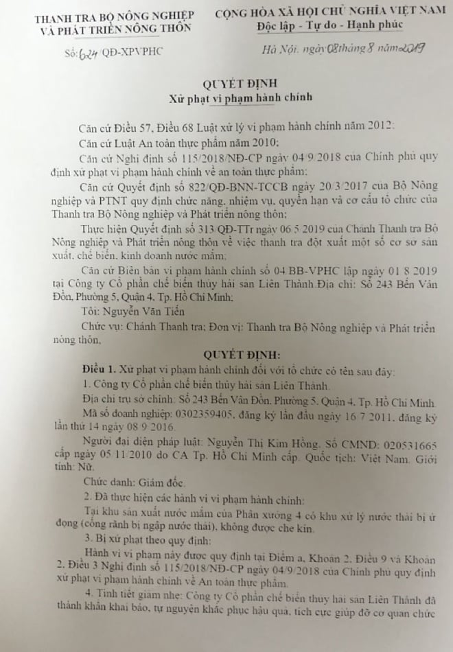 Quyết định xử lý vi phạm đối với công ty Liên Thành.