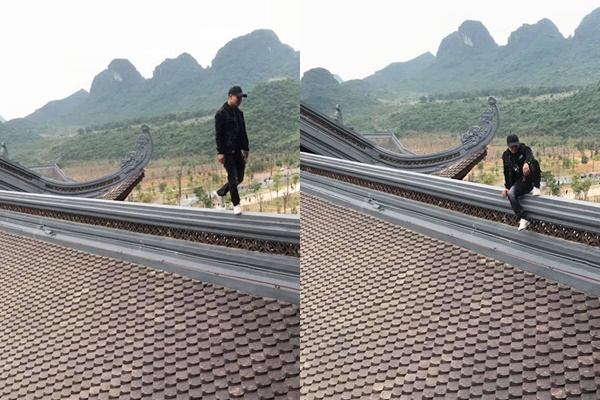 Nam thanh niên trèo lên mái chùa để chụp ảnh.