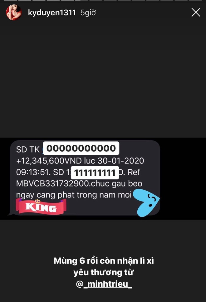 Những ngày Tết Nguyên Đán vừa qua, Kỳ Duyên sau khi đón năm mới bên Shbet111 slot, casino, thể thao, xổ số tại Nam Định đã đáp chuyến bay tới quê nhà của Minh Triệu ở Phú Yên. Tại đây, nàng Hậu được Minh Triệu đưa đi tham quan các địa điểm, thưởng thức ẩm thực đặc trưng của Phú Yên. Vậy nhưng đón Tết bên nhau vẫn chưa đủ khi mới đây, Kỳ Duyên còn hào hứng khoe được Minh Triệu lì xì 12.345.600 đồng, kèm lời chúc: 