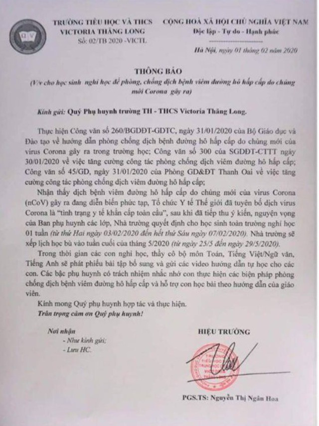 Thông báo nghỉ học của Trường TH- THCS Victoria Thăng Long