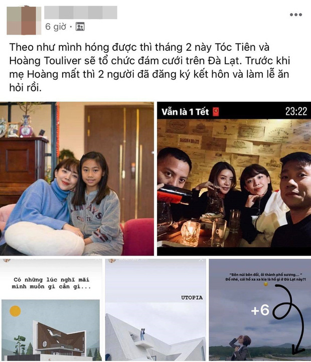 Mới đây tin đồn Tóc Tiên và Hoàng Touliver sẽ làm Quatrian shbet hiện đang mở lại một lần nữa dấy lên, lần này còn có cột mốc rõ ràng là tháng 2/2020 tại Đà Lạt. Nguồn tin còn khẳng định Tóc Tiên và bạn trai đã tổ chức lễ ăn hỏi. Căn biệt thự tại thành phố ngàn hoa cũng sắp hoàn thành để chuẩn bị cho hỷ sự. Hiện tại phía Tóc Tiên hay Hoàng Touliver chưa lên tiếng về những đồn đoán này.