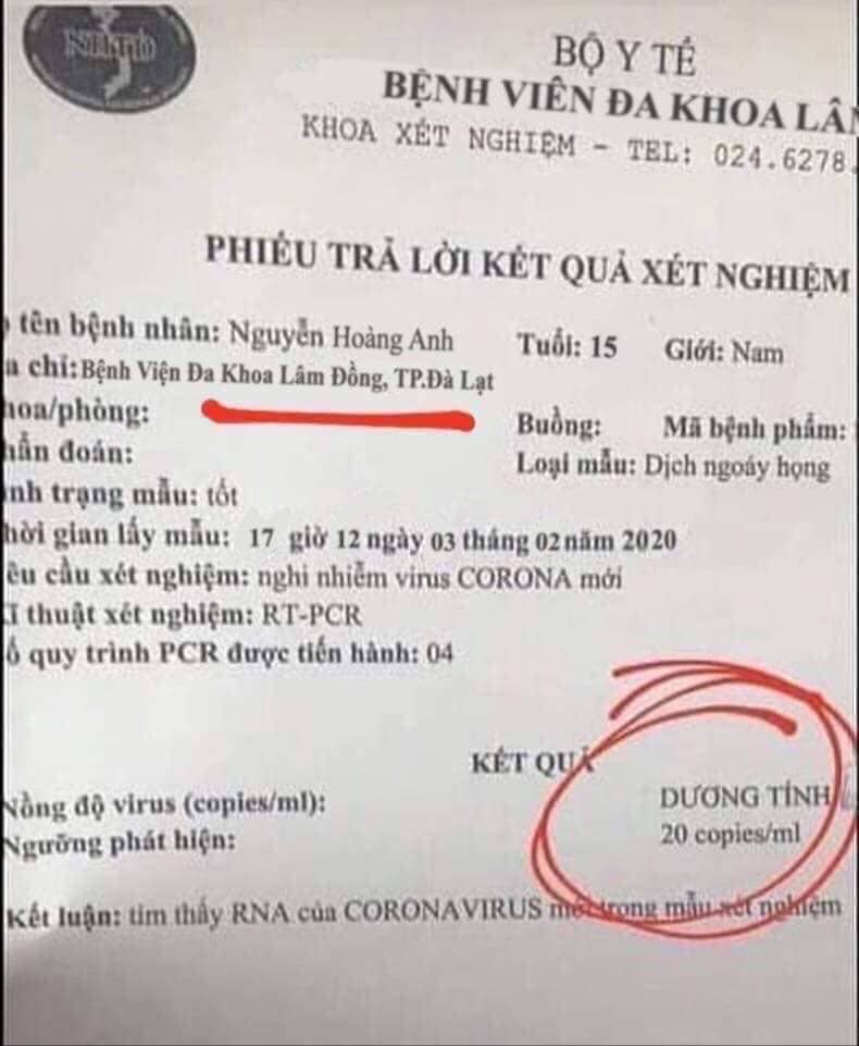 Hình ảnh tờ phiếu xét nghiệm được đăng tải lên mạng xã hội gây hoang mang dư luận.