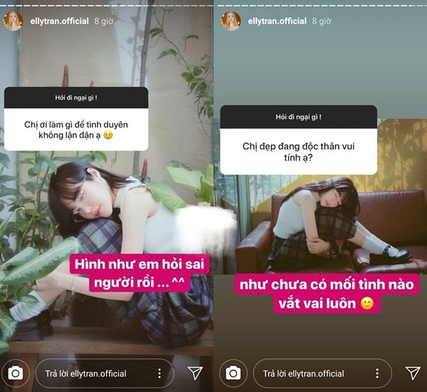 Mới đây trên Instagram, Elly Trần có động thái như ngầm xác nhận tin đồn ly hôn chồng Tây là sự thật. Cụ thể, một fan nhờ nữ diễn viên tư vấn: “Chị ơi, làm gì để tình duyên không lận đận ạ?”. Elly Trần đáp: “Hình như em hỏi sai người rồi”, như thể đang nói về cuộc hôn nhân trắc trở của mình. Thông tin Elly Trần chia tay bố của hai con càng được khẳng định chắc chắn với câu hỏi tiếp theo. Khi một người hâm mộ khác tò mò “Chị đẹp đang độc thân vui tính ạ?”, Elly Trần đáp: “Như chưa có mối tình nào vắt vai luôn”.
