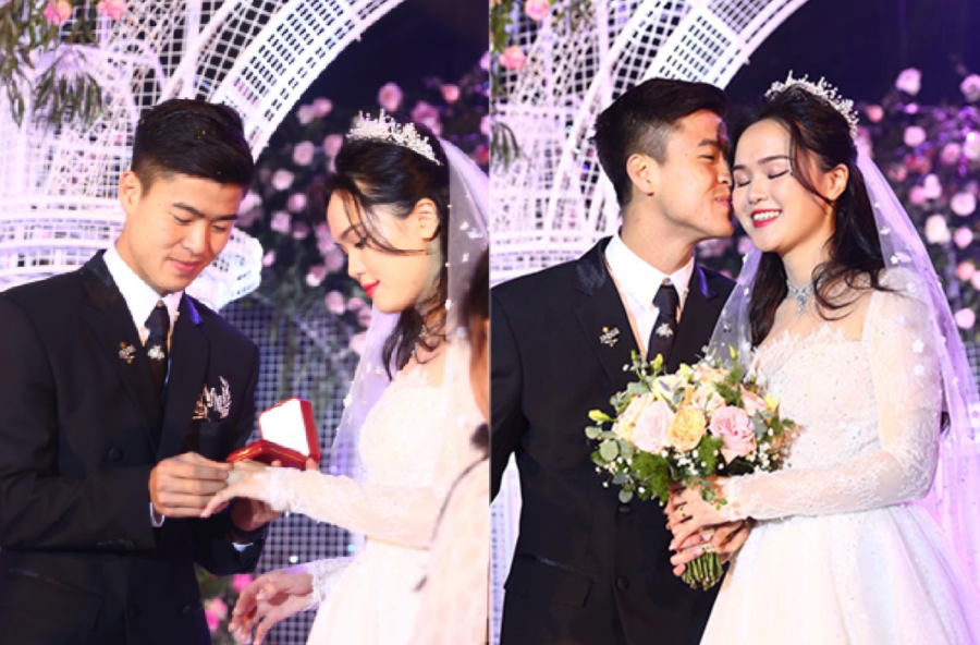 Trưa nay 9/2, hôn lễ của cầu thủ Duy Mạnh và Quỳnh Anh được tổ chức trước sự góp mặt của 1.300 khách mời. Trong tiệc cưới, chú rể Duy Mạnh liên tục có những cử chỉ hết sức ngọt ngào, âu yếm dành cho cô dâu Quỳnh Anh như hôn má, nâng váy. Trước sự chứng kiến của người thân và bạn bè, Duy Mạnh đã hạnh phúc trao nhẫn cưới cho vợ của mình. Cặp nhẫn này được đại diện truyền thông của cả hai xác nhận thuộc bộ sưu tập Love Ring, thương hiệu Shbet111 kèo cá cược world cup nổi tiếng Cartier, giá trị 1 chiếc nhẫn vàng Love Ring Yellow Gold của Cartier trọng lượng 18K không kim cương là 1.650 USD chưa tính thuế, tức gần 35 triệu đồng. Như vậy, tổng giá trị cặp nhẫn của Duy Mạnh - Quỳnh Anh khoảng 70 triệu đồng. Bên cạnh đó, cô dâu cũng được mẹ chồng, chị chồng và chị dâu của chồng tặng kiềng vàng, lắc tay giá trị làm quà.