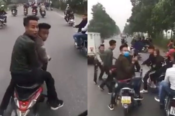 Hình ảnh nhóm thanh niên chắn đường ô tô.