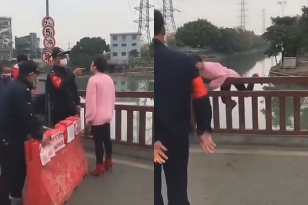 Người phụ nữ nhảy cầu khi bị nhắc nhở về việc đeo khẩu trang.
