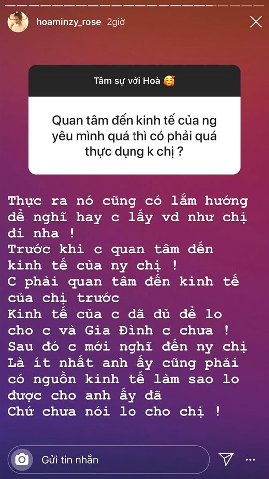 Hoà Minzy chia sẻ không quan tâm và không phụ thuộc kinh tế vào bạn trai. Được biết, bạn trai Hòa Minzy là một thiếu gia có gia thế và tài sản “không phải dạng vừa”.