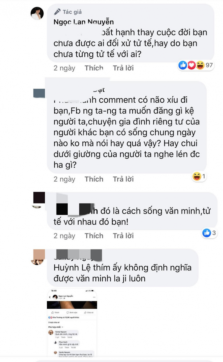 Ngày 14/2 vừa qua, Ngọc Lan chia sẻ trên trang cá nhân những lời động viên đến chồng cũ Thanh Bình: “Chúc 2 bạn valentine vui vẻ không quạo ,hạnh phúc với nhau đến suốt cuộc đời. Chúc Ba Bình mau mau lấy dzợ để Louis có thêm được 1 tình yêu thương và 1 sự chăm sóc nữa, để Mẹ Lan được rảnh rang có thêm thời gian đi chơi tung tăng mà ko lo lắng gì nữa…hí hí.” Dòng chia sẻ nhận được rất nhiều lời khen ngợi từ đồng nghiệp lẫn người hâm mộ trước cách hành xử văn minh của Ngọc Lan mặc dù đã ‘đường ai nấy đi’. Bên cạnh những lời khen ngợi thì đâu đó vẫn còn 1 số anti fan đã trực tiếp chỉ trích cô, họ cho rằng Ngọc Lan quá giả tạo: ‘Tưởng gì, mong con mình có mẹ khác để mình rảnh đi chơi, bó tay.’ Trước lời chỉ trích và cho rằng mình là người giả tạo, Ngọc Lan cũng đã thẳng thắn đáp trả: “Bất hạnh thay cuộc đời bạn chưa được ai đối xử tử tế, hay do bạn chưa từng tử tế với ai? Chúc bạn Valentine vui vẻ.” Sau phần đáp trả cực gắt của Ngọc Lan, nhiều người hâm mộ của cô đã lên tiếng bảo vệ Ngọc Lan.