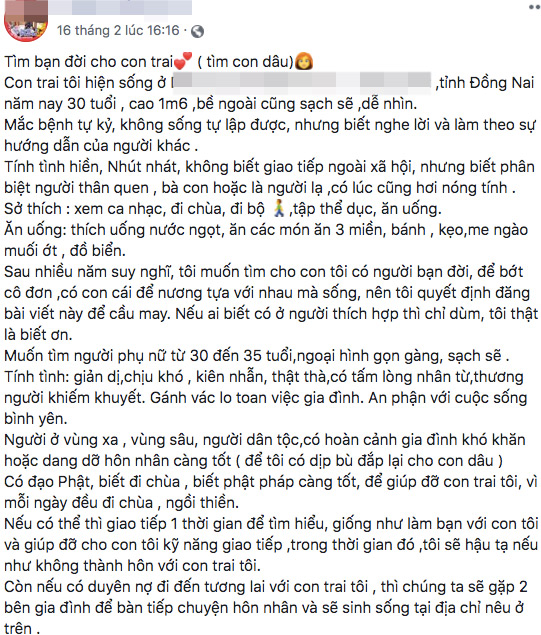 Bài viết tuyển con dâu của một người mẹ có con trai bị tự kỷ.