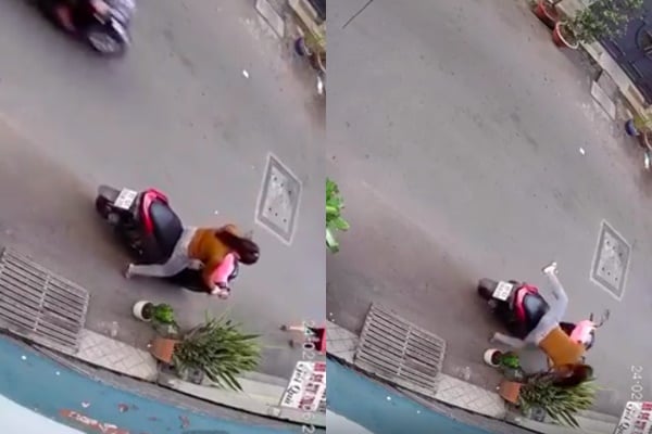 Cô gái mải mê trộm cây cảnh rồi bấm nhầm tay ga khiến chiếc xe loạng choạng.