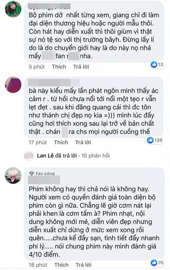 Khán giả không mấy hài lòng về bộ phim và ném đá cực gay gắt vì sự đùn đẩy trách nhiệm của Hương Giang.