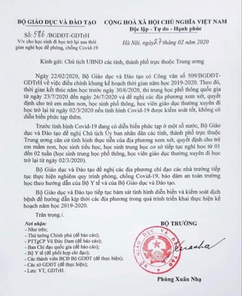Văn bản đề nghị của Bộ GD&ĐT về việc cho học sinh mầm non, tiểu học, THCS nghỉ thêm 1-2 tuần để phòng dịch Covid-19.