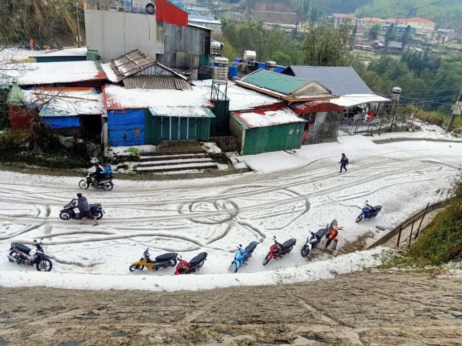 Mưa đá rơi ngập đường trắng xóa.