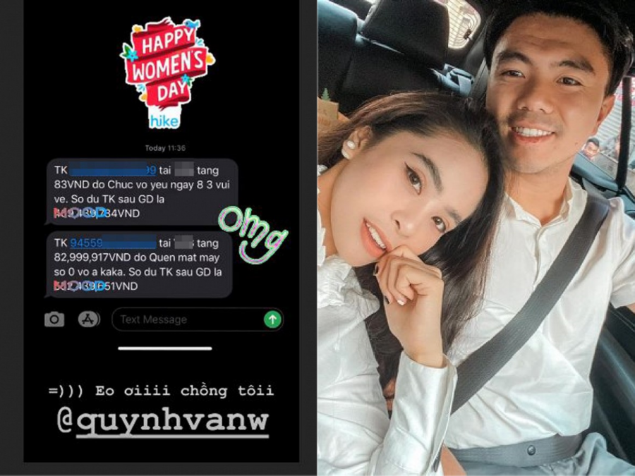 Mới đây, trên story instagram, Ca nương Kiều Anh hạnh phúc chia sẻ món quà của chồng nhân dịp ngày Quốc tế phụ nữ. Cụ thể, ông xã Ca nương Kiều Anh - Quỳnh Văn không mua hoa hay quà tặng vợ vào ngày 8/3 mà chuyển tiền qua tài khoản. Ban đầu, Quỳnh Văn chuyển khoản 83 đồng để troll vợ cùng lời nhắn Chúc vợ ngày 8/3 vui vẻ. Tuy nhiên, sau đó, ông xã Ca nương Kiều Anh tiếp tục chuyển gần 83 triệu đồng. Anh tiếp tục nhắn vợ: 