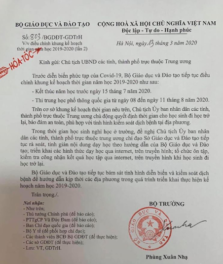 Bộ GD&ĐT đã điều chỉnh thời gian kết thúc năm học và thi THPT Quốc gia 2020.