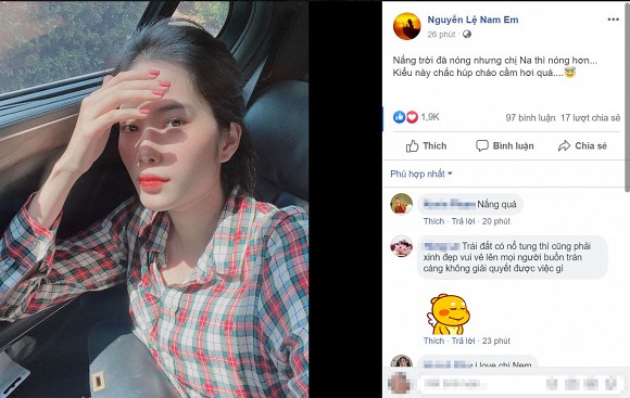 Mới đây, Nam Em đăng ảnh ngồi trên ô tô và chia sẻ: “Nắng trời đã nóng nhưng chị Na thì nóng hơn… Kiểu này chắc húp cháo cầm hơi quá…”. Trong ảnh, Nam Em ăn mặc giản dị nhưng lại lộ gương mặt trông khá hốc hác. Vì gần 1 tháng mới lên facebook nên ảnh của người đẹp rất thu hút sự chú ý và nhận được hàng trăm bình luận của cư dân mạng. Nhiều người lo lắng vì trông Nam Em hơi gầy và mặt có vẻ hốc hác.