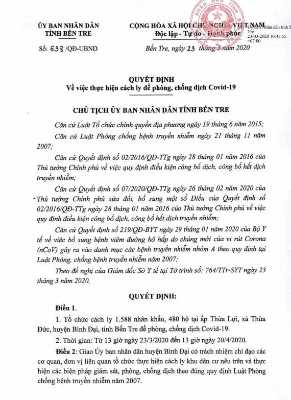 Quyết định của UBND tỉnh Bến Tre liên quan đến trường hợp nhiễm Covid-19 đầu tiên trên địa bàn.