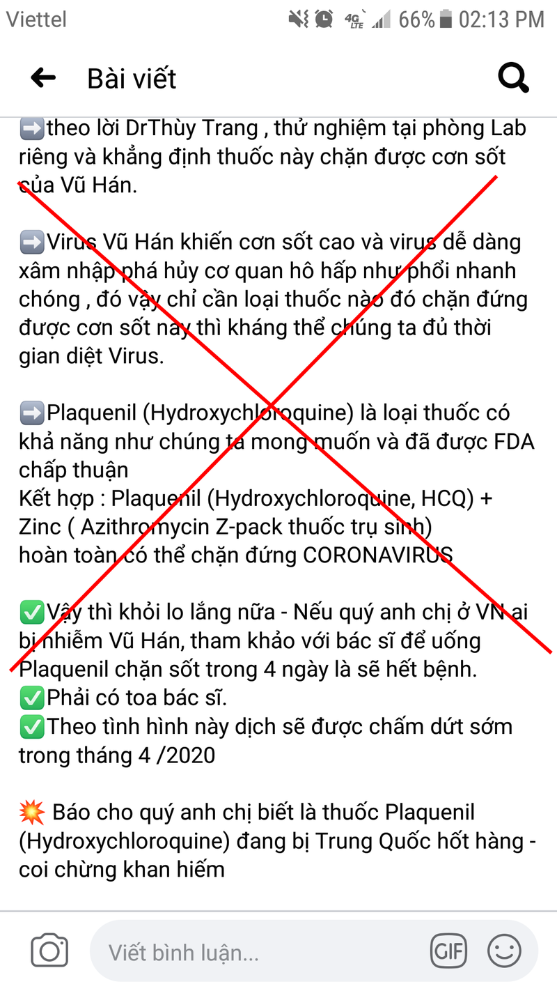 Thông tin sai sự thật về việc sử dụng thuốc có chứa hydroxycloroquine/cloroquine để ngừa Covid-19.