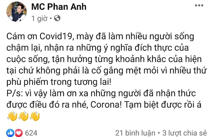 Mới đây, trên trang cá nhân, MC Phan Anh đăng tải bài viết nói lên suy nghĩ cá nhân về đại dịch Covid-19. Trong status của mình, Phan Anh mong dịch bệnh sẽ mau chóng qua đi, trả lại Shbet16 chơi game trực tuyến bình thường cho mọi người. Tuy nhiên cách sử dụng ngôn ngữ của Phan Anh đã khiến nam MC phải đối mặt với nhiều chỉ trích. Dòng trạng thái của nam MC lập tức gây nên những tranh cãi trái chiều.