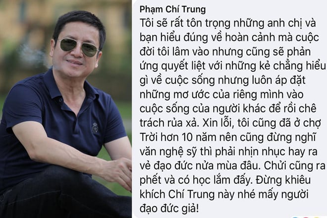 Mới đây, chuyện tình cảm của NSƯT Chí Trung một lần nữa gây xôn xao dư luận khi anh đăng tải hình ảnh chung với bạn gái Ý Lan lên trang cá nhân. Thay vì nhận được những lời chúc phúc, nam nghệ sĩ lại chịu vô số ý kiến trái chiều. Nhiều khán giả cho rằng việc nam nghệ sĩ có bạn gái mới và còn khoe ngay sau khi ly hôn là không phù hợp. Thậm chí có người còn chỉ trích Chí Trung không nghĩ tới cảm giác của con cháu khi nhìn thấy ảnh anh tình tứ bên bạn gái mới. Trước vô số phản ứng, nam nghệ sĩ đã lên tiếng đáp trả cực gắt và khẳng định sẽ không bỏ qua trước những lời công kích từ dân mạng.
