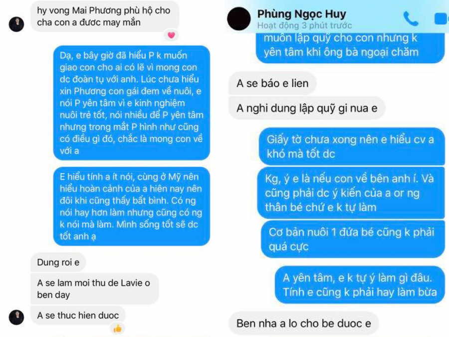 Mới đây, ca sĩ Vy Oanh đã đăng tải loạt tin nhắn giữa cô với Phùng Ngọc Huy về việc nuôi dưỡng bé Lavie, nhằm xác nhận chuyện nam ca sĩ đang cố gắng đưa con gái sang Mỹ là chính xác. Theo nội dung tin nhắn, Phùng Ngọc Huy khẳng định anh sẽ làm mọi thứ để bé Lavie có thể sang Mỹ sinh sống với mình. Ngoài ra, Phùng Ngọc Huy còn nhắn nhủ Vy Oanh không nên lập thêm quỹ cho bé Lavie trong thời gian này để anh cùng Shbet111 slot, casino, thể thao, xổ số giải quyết ổn thỏa mọi việc.