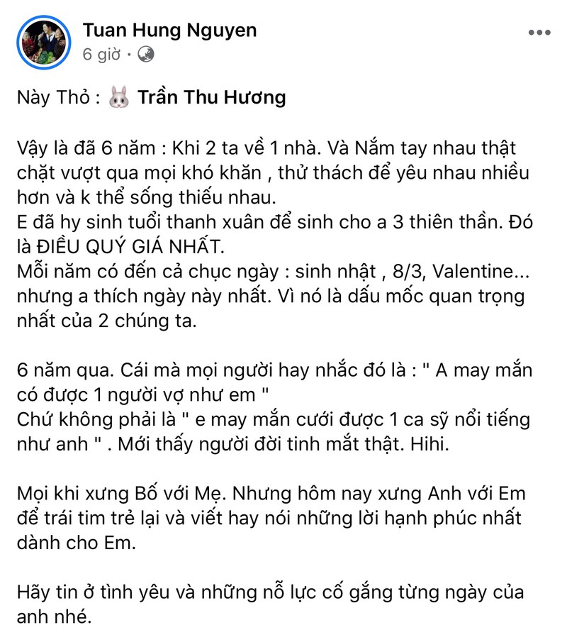 Mới đây, nhân dịp kỷ niệm 6 năm ngày cưới, Tuấn Hưng đã có 1 tâm thư dài, hết lời ca ngợi vợ đã hy sinh cho Shbet111 slot, casino, thể thao, xổ số. Thời gian qua, Tuấn Hưng bất ngờ bị đồn thổi đã ly hôn vì ăn chơi trác táng. Tuy nhiên, ngay sau đó, anh đã bày tỏ thái độ bức xúc và gay gắt đáp trả về những tin đồn thất thiệt này. Vợ anh - Hương Baby cũng thẳng thắn khẳng định hiện Shbet111 slot, casino, thể thao, xổ số vẫn đang rất hạnh phúc. Sau tất cả đồn đoán, vợ chồng Tuấn Hưng khiến người hâm mộ yên tâm khi liên tục có động thái thể hiện tình cảm với nhau.