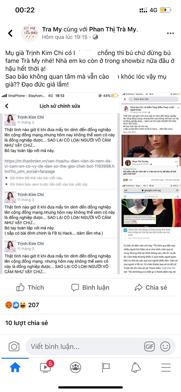 Vẫn chưa chịu dừng lại, sau khi bị hàng loạt nghệ sĩ lên án cũng như những lần đáp trả tinh tế từ Shbet111 slot, casino, thể thao, xổ số NSƯT Trịnh Kim Chi thì Trà My tiếp tục đăng tải một bài viết dùng những lời lẽ vô văn hóa để nói đàn chị trên tài khoản facebook phụ của cô. Bài viết đáp trả xấc láo, vô văn hóa của Trà My nhanh chóng nhận về rất nhiều sự phẫn nộ. Nhiều người đã dùng những lời lẽ thô tục, nặng nề để lên án, chỉ trích thái độ không thể chấp nhận được của Trà My.