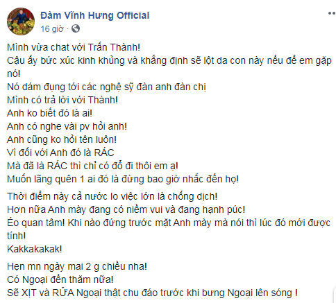 Đàm Vĩnh Hưng lên tiếng, gọi diễn viên Trà My là “rác”.