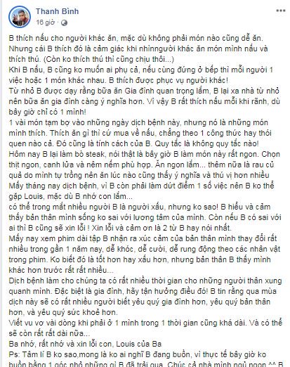 Mới đây, trên trang cá nhân, nam diễn viên Thanh Bình đã chia sẻ những hình ảnh các Shbet0099 cá cược trực tuyến mà anh tự tay vào bếp trong khoảng thời gian giãn cách xã hội. Bên cạnh đó, nam diễn viên cũng bất chờ chia sẻ về việc chưa gặp được con trai Louis trong nhiều tháng qua vì dịch bệnh, hơn nữa anh cũng bận rộn công việc cá nhân. Nam diễn viên cũng khẳng định có thể nhiều người cảm thấy anh là người xấu khi không gặp con nhưng anh chưa từng thấy hổ thẹn với lương tâm. Tuy khá tâm trạng nhưng Thanh Bình cũng trấn an mọi người rằng anh vẫn bình thường bởi 