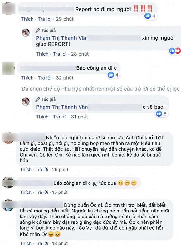 Những người yêu mến Ốc Thanh Vân đều tỏ ra bức xúc vì bài viết lăng mạ nhân phẩm cô.