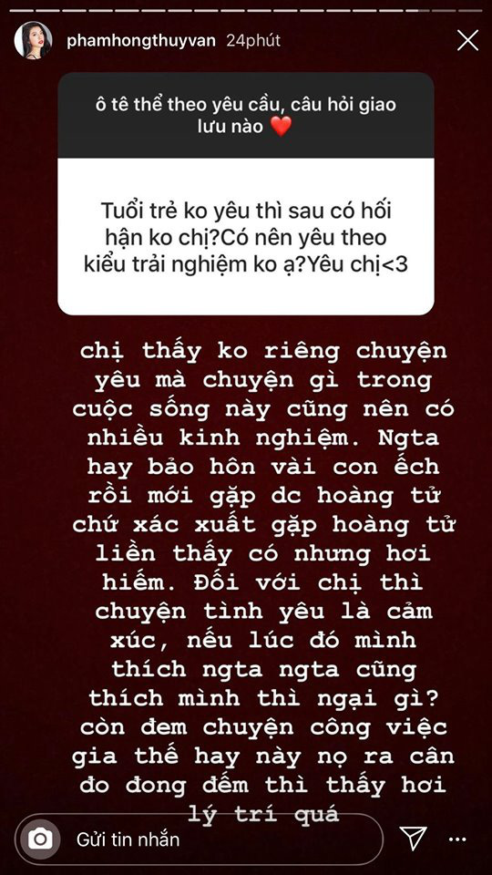 Thuý Vân chia sẻ quan niệm về tình yêu, cô không lấy gia thế ra cân đo mà yêu vì cảm xúc.